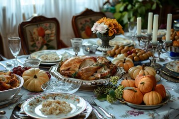 Table decorated with Thanksgiving turkey and various dishes for a festive meal, A festive table set with traditional Thanksgiving dishes