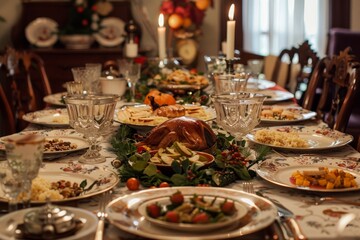 A table is arranged and set for a holiday dinner with traditional Thanksgiving decor, A festive table set with traditional Thanksgiving dishes