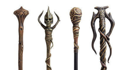 Wizards' staffs depicted in four different, isolated on transparent background