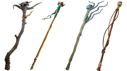 Wizards' staffs depicted in four different, isolated on transparent background