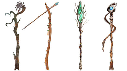 Wizards' staffs depicted in four different, isolated on transparent background