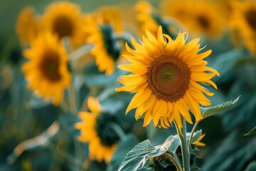 Obraz premium A large sunflower is blooming among a field of bright yellow sunflowers, A field of bright yellow sunflowers swaying in the breeze
