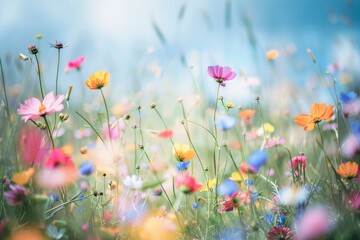 Colorful wildflowers covering a field under a clear blue sky, A field of colorful wildflowers swaying in the gentle breeze