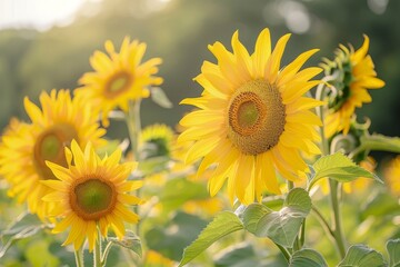 Fototapeta premium A field of bright yellow sunflowers with the sun shining in the background, A field of bright yellow sunflowers swaying in the breeze