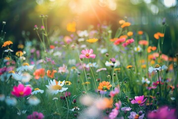 Obraz premium Colorful flowers cover the field, swaying in the sunlight, A field of colorful wildflowers swaying in the gentle breeze