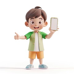 enthusiast smiling child cartoon character with a phone isolated on white background