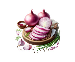 Fresh Slice onion ring with cut in half vegetable and sliced red onions isolated transparent background Ai generative.