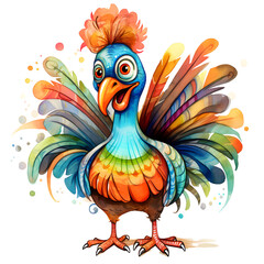 A cartoon turkey with bright feathers.