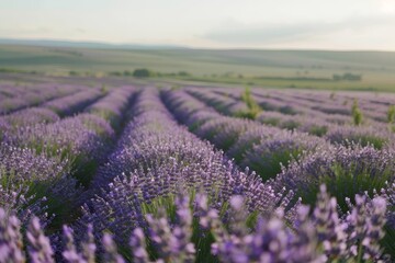 Fototapeta premium Lavender flowers bloom in a vast field under a clear sky, A field of lavender stretching into the horizon