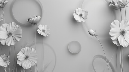 Monochrome flowers and circles on a grey gradient backdrop