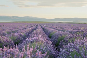 Naklejka premium Lavender flowers bloom in a field with towering mountains in the background, A field of lavender stretching into the horizon