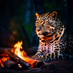 Large leopard,jaguar Relaxing by Campfire on Spring Evening. pet friendly campgrounds.