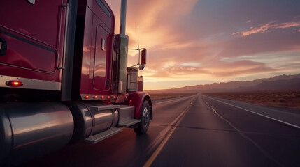 A red semi-truck drives down a highway in the desert at sunset. Big red truck hauling stuff on the highway.