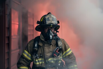 Naklejka premium A firefighter in full gear standing in front of a massive fire, ready to combat the blaze, A firefighter in full gear