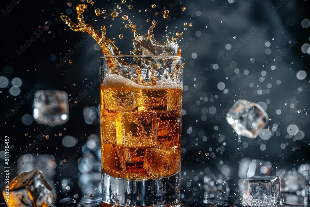 Poster a glass containing ice cubes with water splashing into it, creating a refreshing image, a fizzy drin
