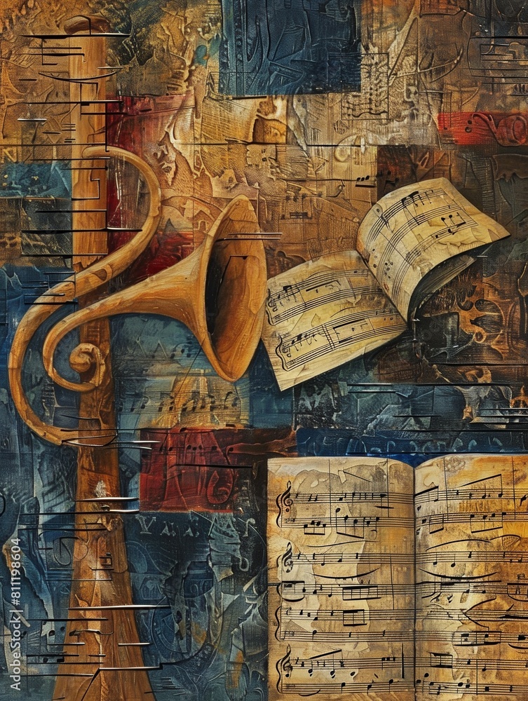 Leinwandbilder A vibrant painting featuring an array of musical instruments and music sheets, creating a harmonious symphony of color and sound. Generative AI