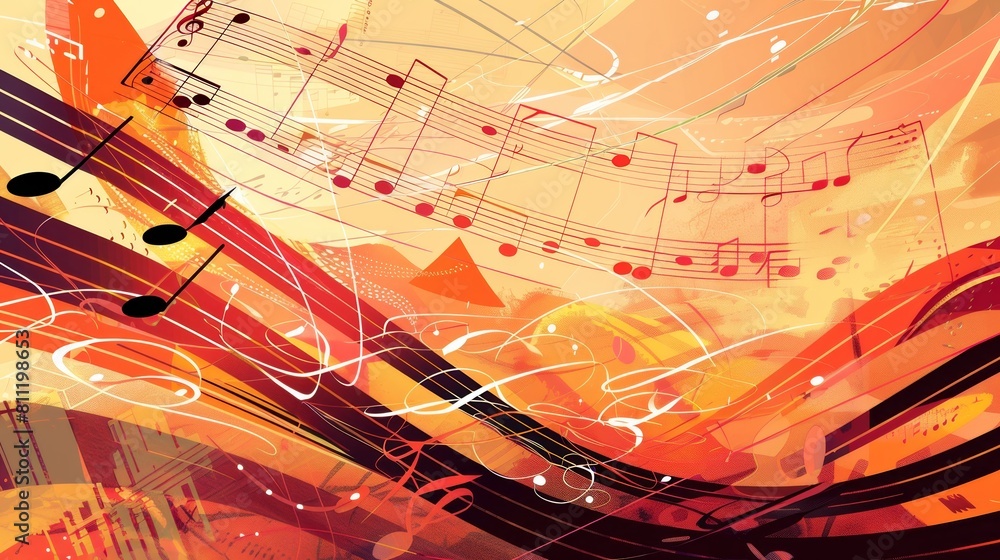 Leinwandbilder A colorful background adorned with an array of musical notes, creating a harmonious and visually captivating display. Generative AI
