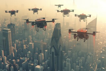 Fleet of autonomous drones soaring above a city with tall buildings, delivering packages efficiently, A fleet of autonomous drones delivering packages in a bustling metropolis
