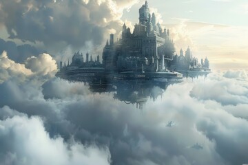 A castle perched high above the clouds against a blue sky background, A floating city hovering above the clouds