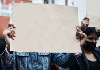 Hands, city and blank protest sign for vaccine, change and community freedom of choice on mockup...