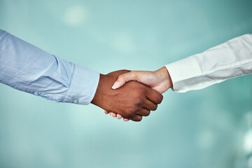 Business, people, handshake and partnership with agreement, teamwork and b2b deal with welcome,...