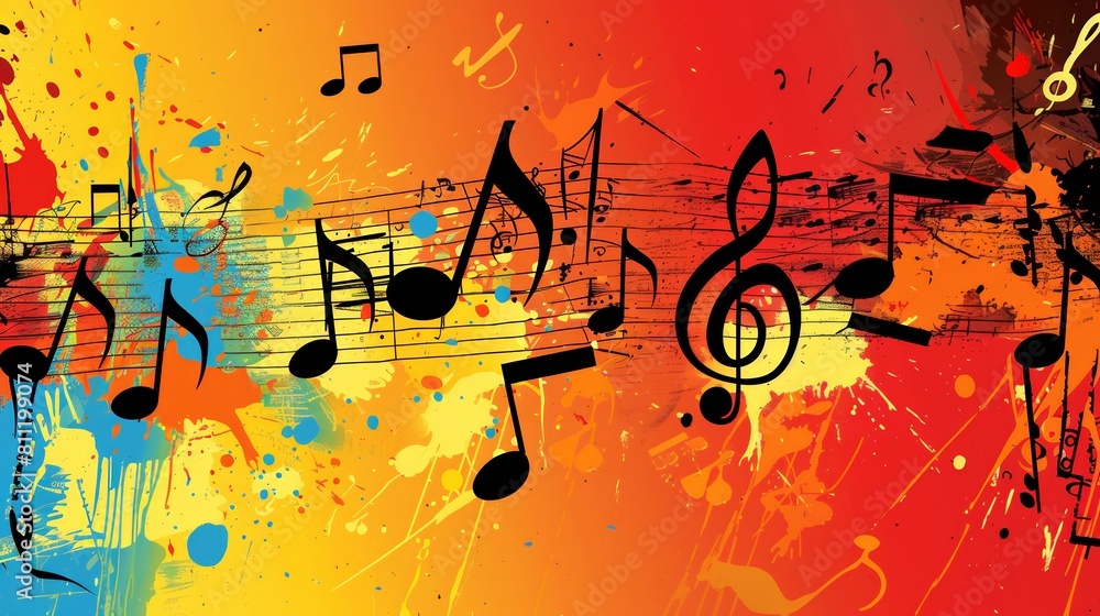 Fototapete A vibrant composition featuring a group of musical notes set against a colorful background, creating a visually striking display of harmony and rhythm. Generative AI