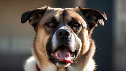 Obraz premium Angry dog with Furrowed brows, sharp gaze, mouth possibly tightly closed. A dog with a tongue sticking out and a black nose. The dog is brown and white