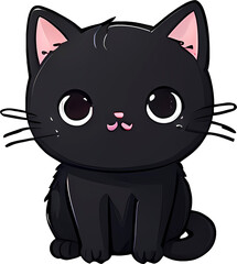 Cute black cat cartoon sitting on transparent background. Vector illustration.