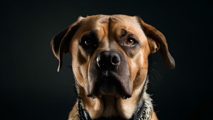 Angry dog with Furrowed brows, sharp gaze, mouth possibly tightly closed. A dog with a black nose and brown eyes is staring at the camera. The dog is wearing a collar and he is a mutt