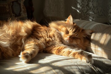 An orange tabby cat peacefully sleeps on a couch, bathed in sunlight, A fluffy orange tabby cat lounging in a sunbeam