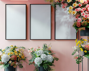 Modern flower shop with four blank posters in chic black frames highlighted against a pastel pink wall suitable for floral arrangement workshops or new product launches