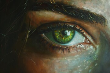A detailed view of a single green eye staring directly at the camera, A focused gaze fixed on the task at hand