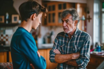 Father and teenage son are arguing at home. Son tells his arguments to father, and father stands with his arms crossed and looks angrily at teenager. Family conflict, quarrel, parenthood difficulties