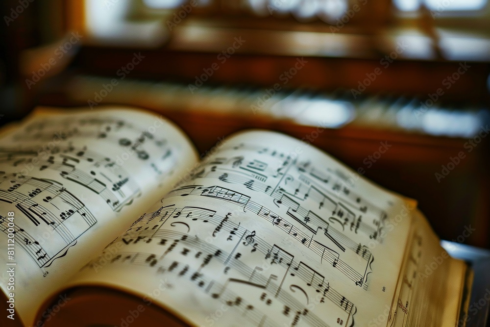 Poster an open book filled with sheet music, showcasing a blend of literature and music in a creative way. 