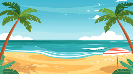 Fototapeta na wymiar Seascape with sandy beach, palm trees and striped umbrella. Summer vacation backdrop. Copy space. Banner design.