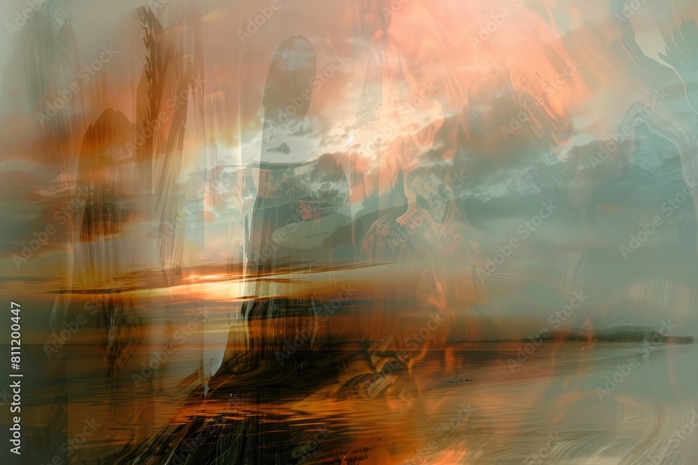 Poster a painting depicting a sky filled with fluffy clouds reflecting in calm waters, a frame that blurs t