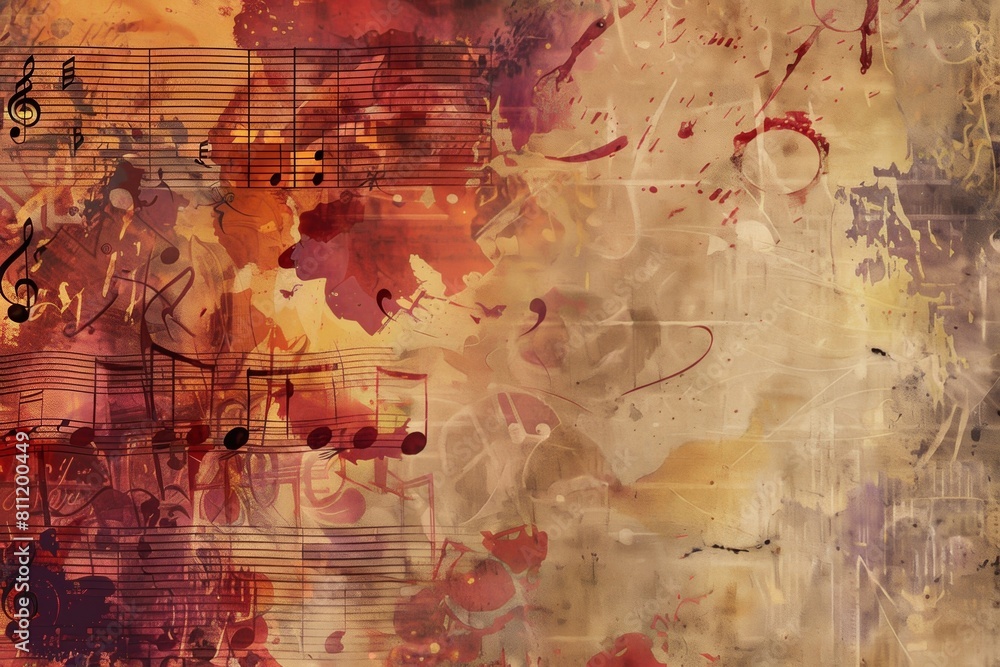 Aufkleber A vibrant painting adorned with intricate music notes, forming a mesmerizing melody on canvas. Musical scores and instruments blend seamlessly in the composition. Generative AI