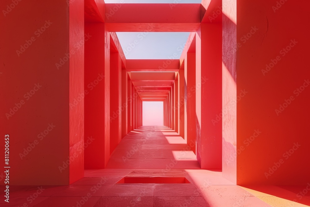 Aufkleber a long hallway with red walls extending towards a sky background, creating a striking visual contras