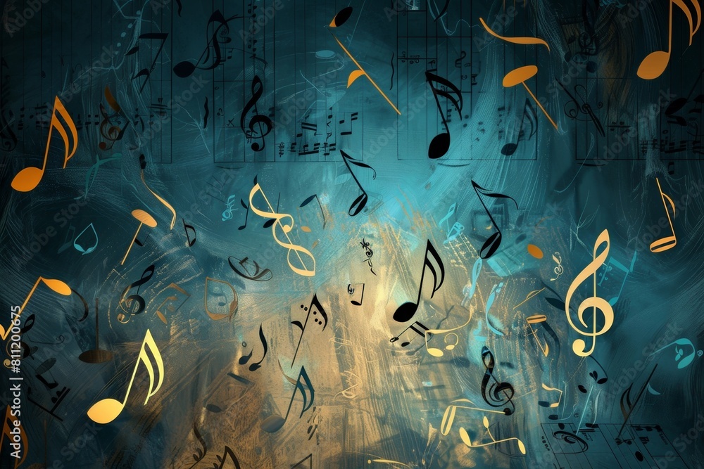 Aufkleber A vibrant group of musical notes gracefully soaring through the air, creating a mesmerizing and harmonious display of sound and movement. Generative AI