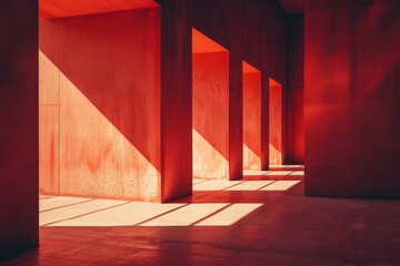 A row of red pillars standing in a building, creating a structured and symmetrical architectural element, A frame that plays with light and shadow to create depth