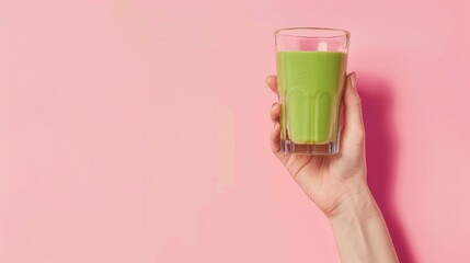 A hand holding a glass of green smoothie on a pink background.