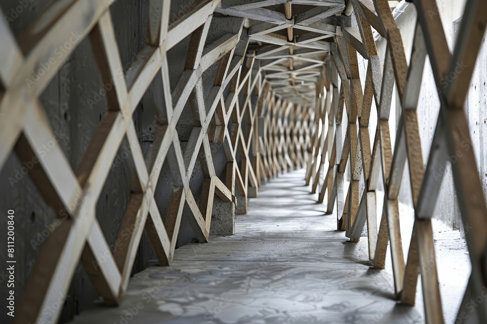 Poster a long wooden walkway covered in snow, creating a serene winter scene, a frame that uses repetition 