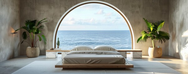 A large bedroom with an arched window, modern style interior design of the room in light tones, concrete floor and walls white marble stone table on each side, potted plants, view to  the ocean.