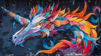 A unicorn with a long, flowing mane and tail, is depicted in a vibrant mural. The unicorn is surrounded by colorful flowers and plants.
