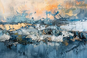 Textured brushstrokes blend in blue, yellow, and white colors in a contemporary abstract painting, A frame with layers of textured brushstrokes