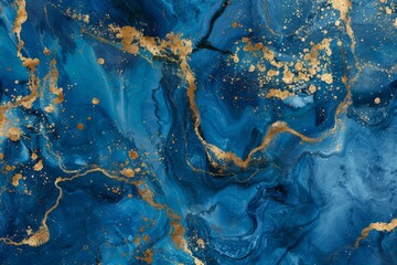 Naklejka premium Abstract blue swirl texture with golden accents, luxurious blue backdrop