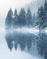 Pine trees and lake in winter