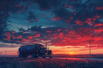 Truck in a rural setting surrounded by breathtaking sky hues in an artwork created by artificial intelligence