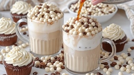   A cup of hot chocolate and marshmallows is being poured into another cup of the same, resulting in two cups of hot chocolate with marshmallows