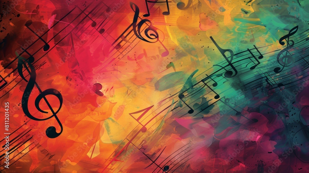 Poster A dynamic blend of colorful musical notes and vibrant backgrounds creating a symphony of visual music. Generative AI